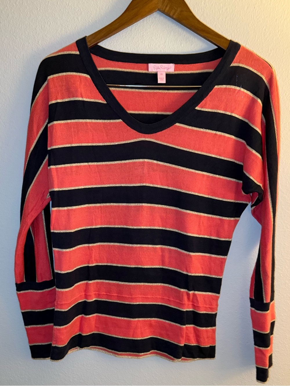 Lilly Pulitzer Coral and Navy Striped V‑Neck Long Sleeve Top